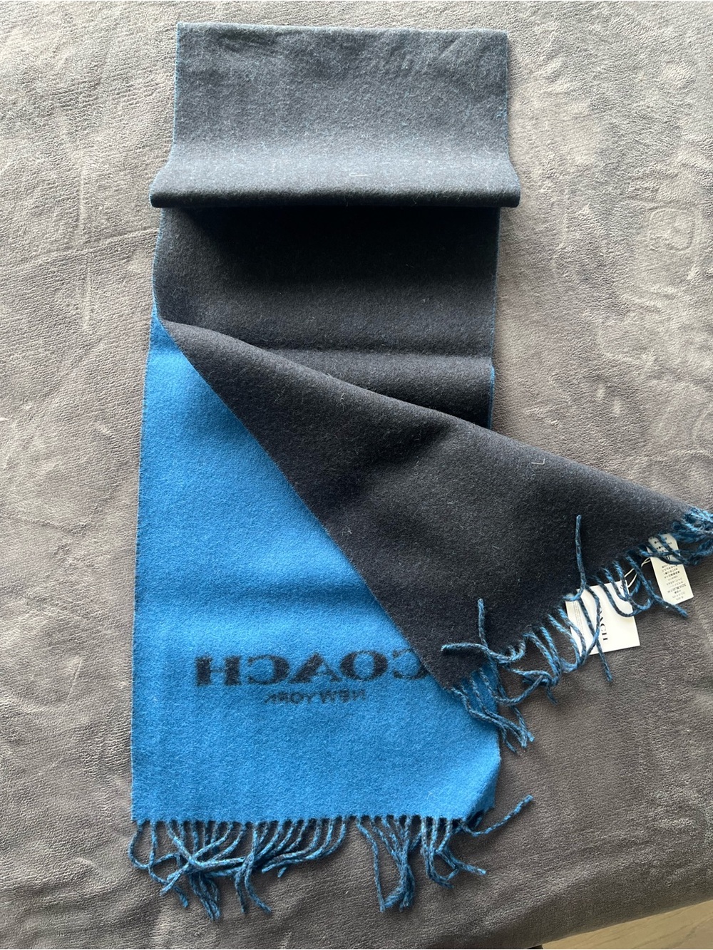 Coach Reversible Black & Blue Cashmere-Wool Blend Scarf